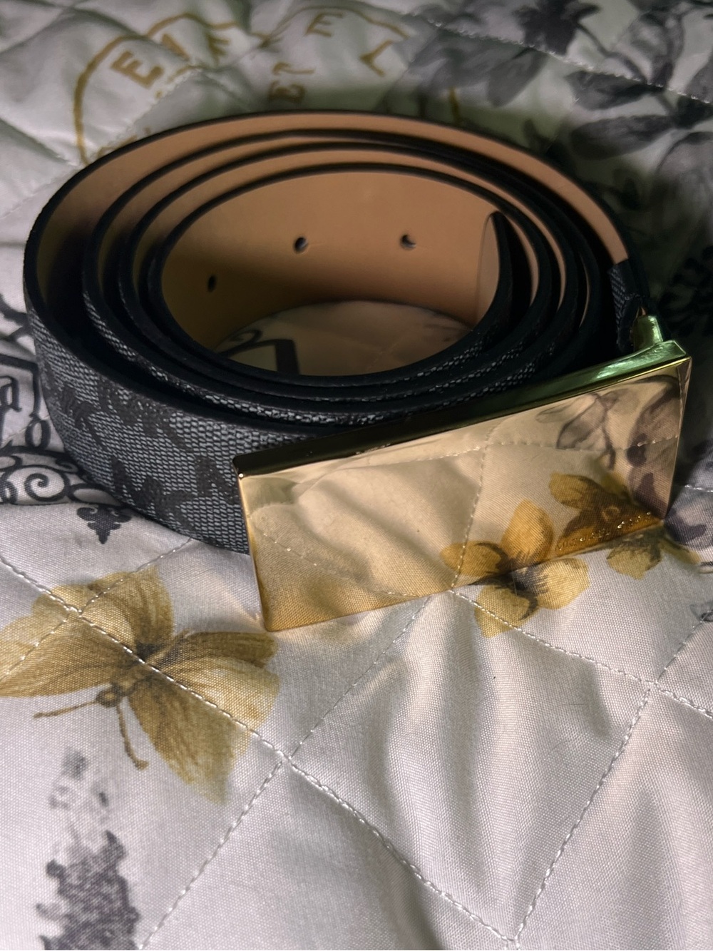 Michael Kors Women’s Black Logo-Print Belt with Gold Plate Buckle